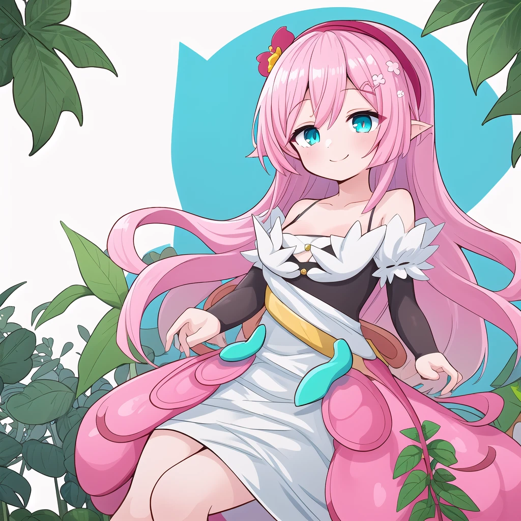 Traptrix, (best quality, masterpiece1.2), 1 girl, solo, smile, pink hair, cyan eyes, plant, white backgroud, best quality, highres,bloom effect,