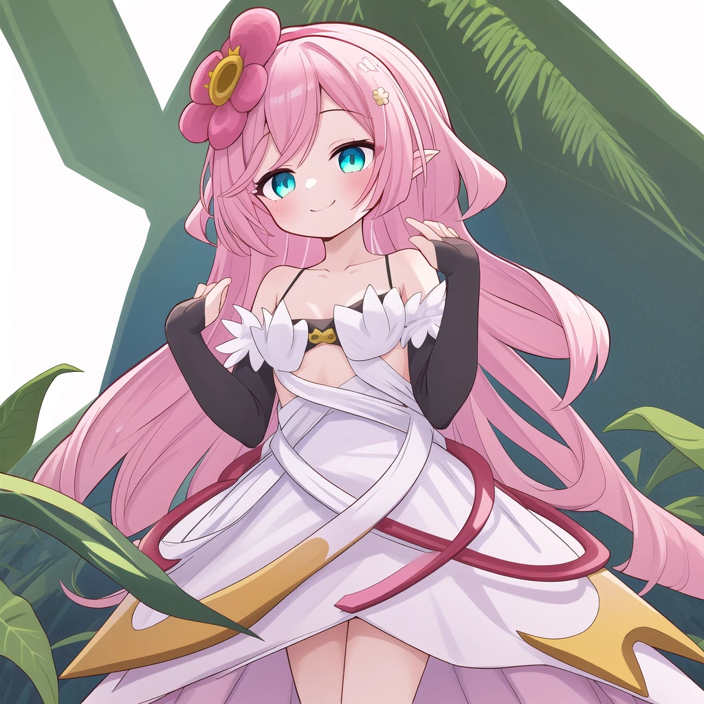 Traptrix, (best quality, masterpiece1.2), 1 girl, solo, smile, pink hair, cyan eyes, plant, white backgroud, best quality, highres,bloom effect,