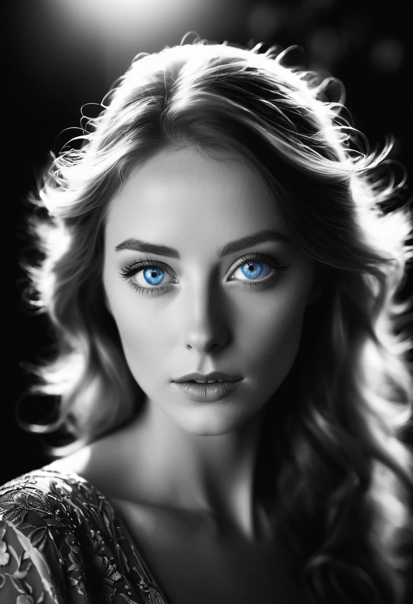 black and white, a woman with blue eyes, half body shot, whimsical photography style, captured with an Arriflex 35BL camera using Canon K25 prime lenses, cinematic, dramatic lighting, ultra clear, breathtaking surreal masterpiece.