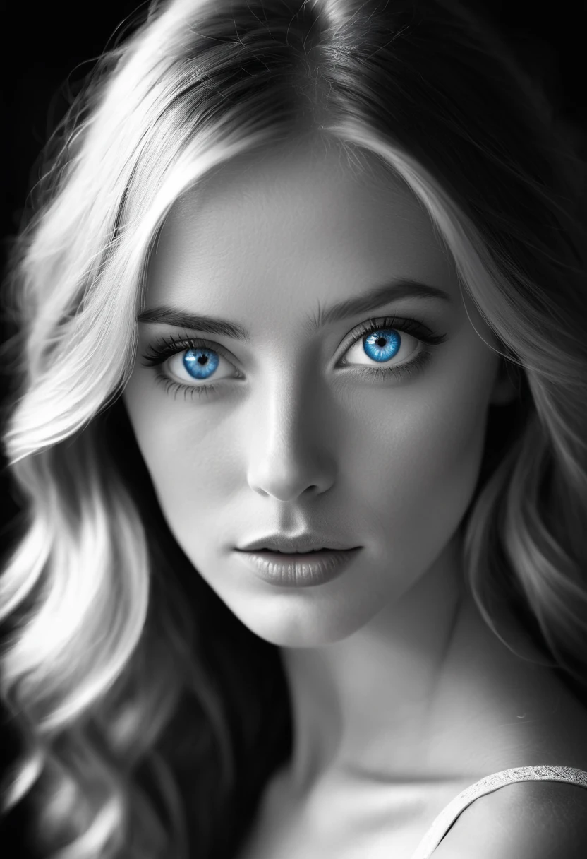 black and white, a woman with blue eyes, half body shot, whimsical photography style, captured with an Arriflex 35BL camera using Canon K25 prime lenses, cinematic, dramatic lighting, ultra clear, breathtaking surreal masterpiece.