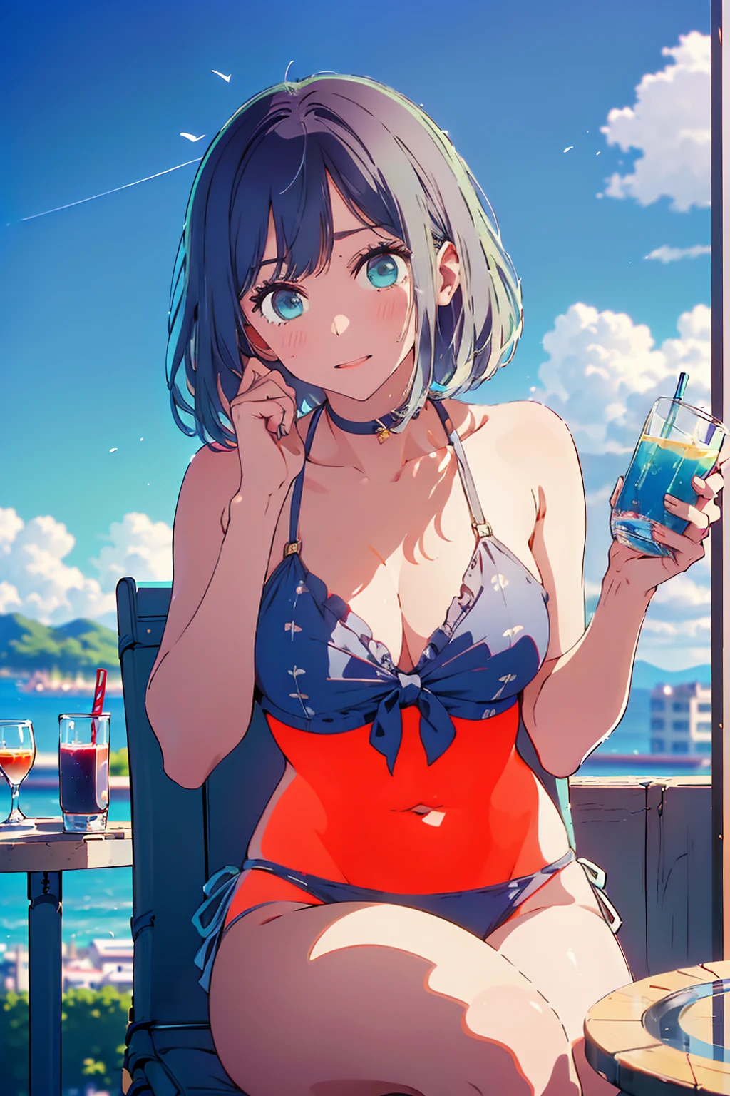 (Highest quality:1.4、masterpiece:1.4、Super detailed:1.4、8K:1.4)、F cup bust、Big Breasts、Slim body、((((1 person、Surprised expression、sit、Chair、In the background are the urban buildings of Tokyo、looking at the camera、Outdoor café terrace、coastal、Navy hair color、juice、Shooting up close、table、Very cute face))))、(Pose of putting hair behind ears with hands:1.4、Cheek resting on hand:1.4）、((nude、Areola、bikini size too small))、Seamless see-through top、Very blue sky、A completely cloudless sky、Big eyes、((((Shallow depth of field))))