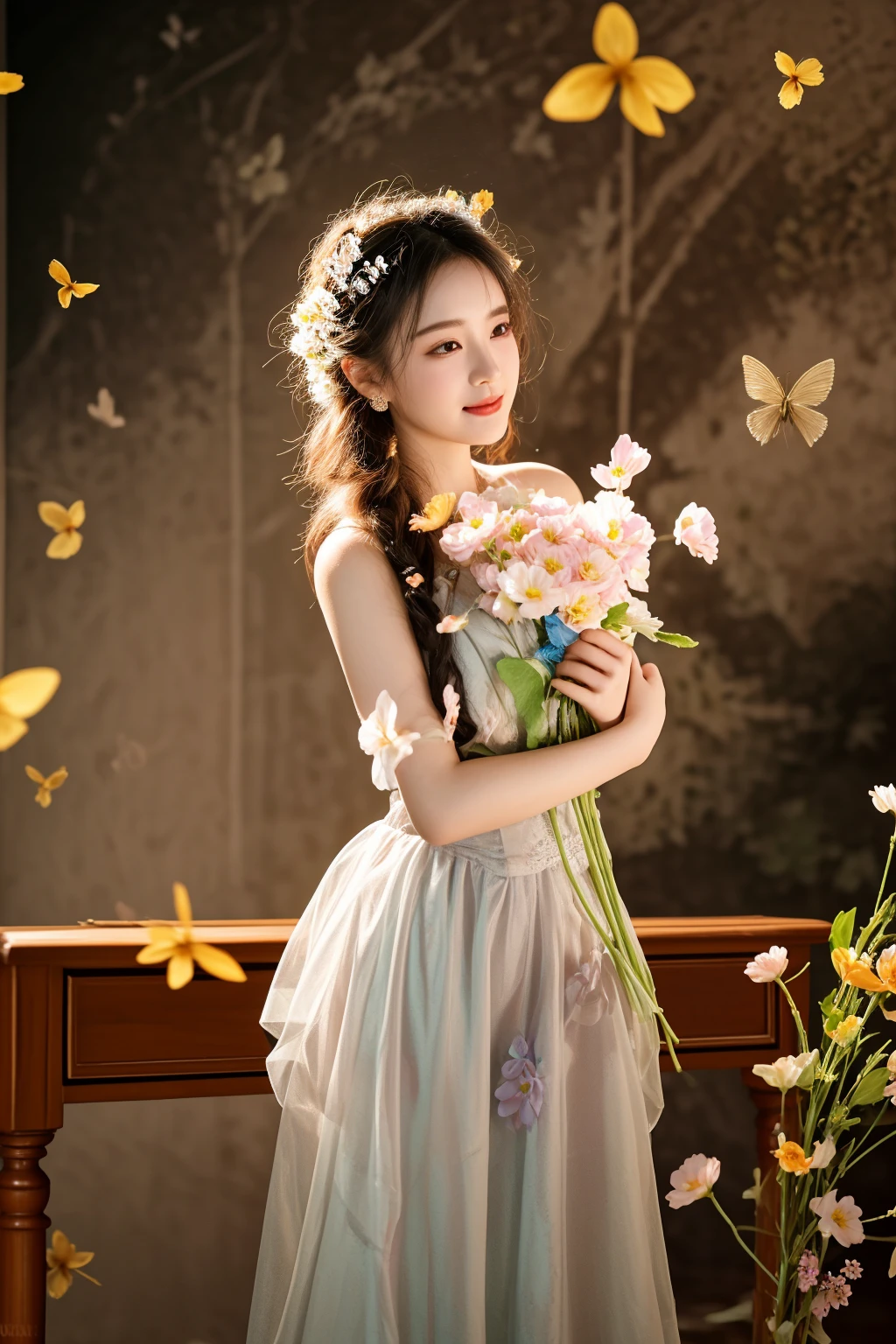 there is a woman in a dress holding a bouquet of flowers, with flowers, sha xi, lady with glowing flowers dress, a stunning young ethereal figure, photo taken with nikon d750, photo taken with nikon d 7 5 0, by Tang Sin Yun Sandara, smiling as a queen of fairies, fantasy photoshoot, dilraba dilmurat