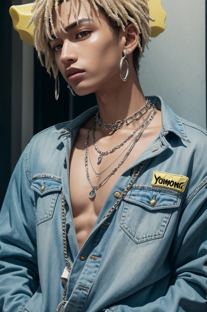 SPONGEBOB TAKING ENERGETIC, WITH 10 SILVER CHAINS ON NECK.