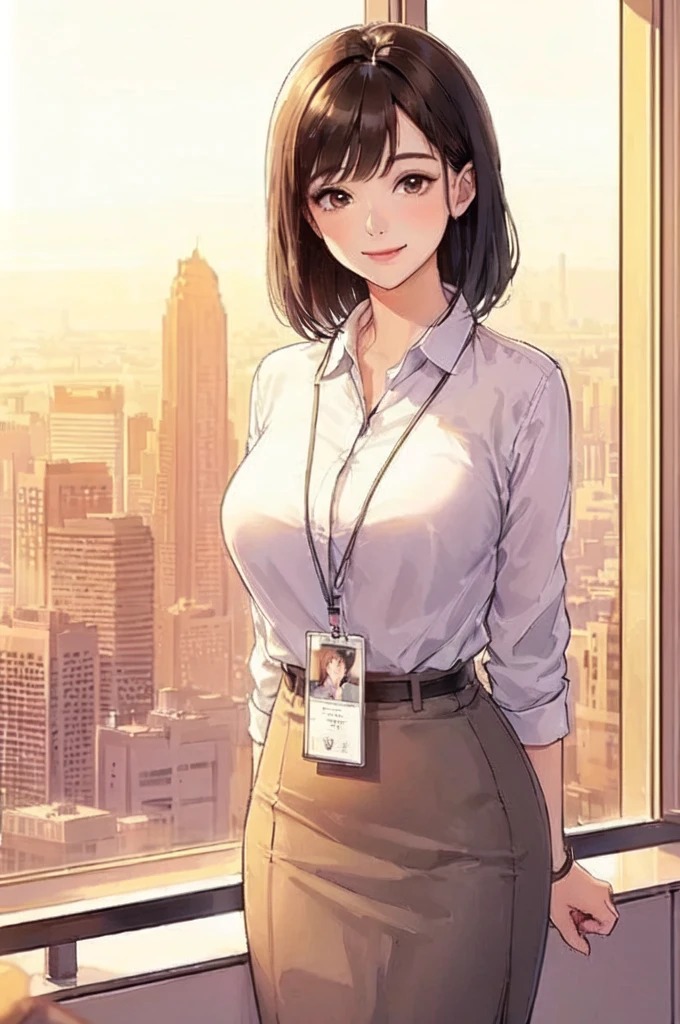 1 Woman Standing, Clothing of office workers, (ID card) strap, Mature Woman, /(Dark brown hair/) bangs, A light smile, (Masterpiece Top quality:1.2) Delicate illustrations, super detailed, Big Break /(Modern office indoors/), Skyscraper with windows