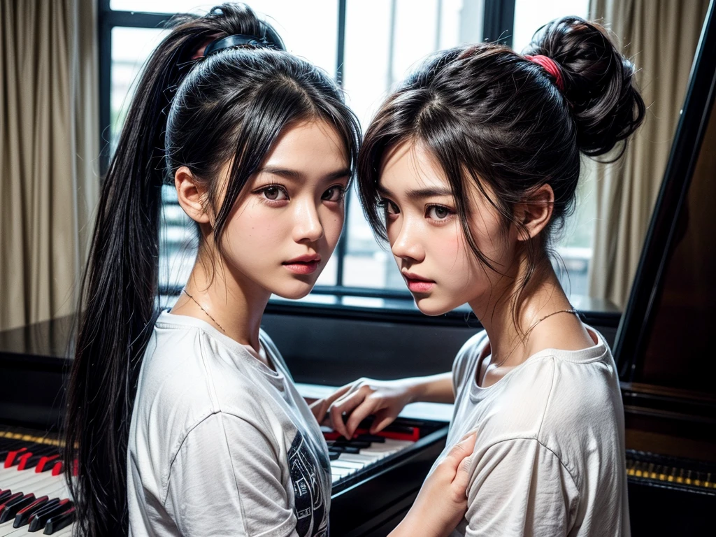 A 20-year-old beautiful Indonesian girl with grey-black hair styled in a ponytail, wearing an oversized T-shirt, look at windows, background piano,  background microphone with stand. She is in a studio photo with a cream background, looking at the camera. The photo is realistic, Anatomically correct, super HD, ultra HD, with detailed facial features and eyes, detail hand, captured as a half-body shot, photo taken from front piano