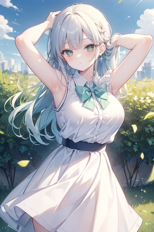 High Detail, Ultra Detail, Ultra High Resolution A cute and innocent girl is enjoying her time in an open field, surrounded by the beauty of nature, with the warm sun shining on her and wild flowers swaying gently in the breeze. Butterflies and birds flutt...