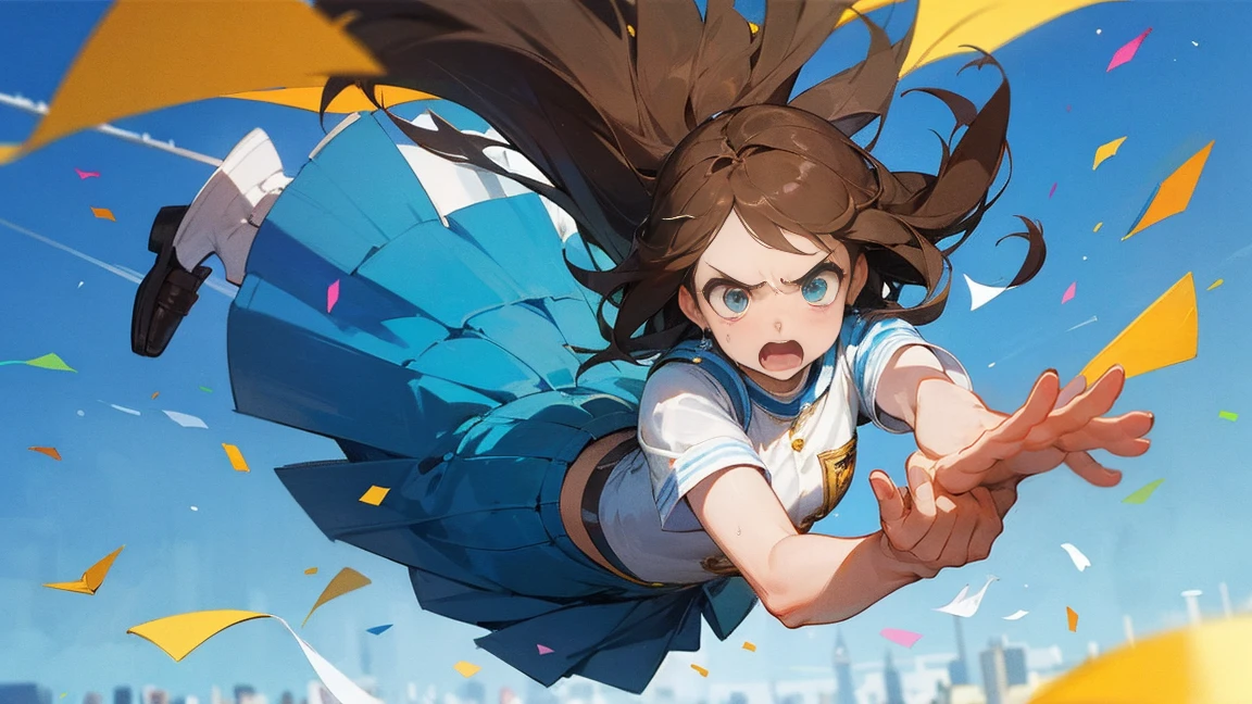 ((Highest quality)), ((masterpiece)), ((Very detailed)),Floating Girl,Angry expression,Confetti,Brown Hair,tears,Blue sky background,Feet in the air,tears,Long skirt,loafers,Raise both hands,falling girl