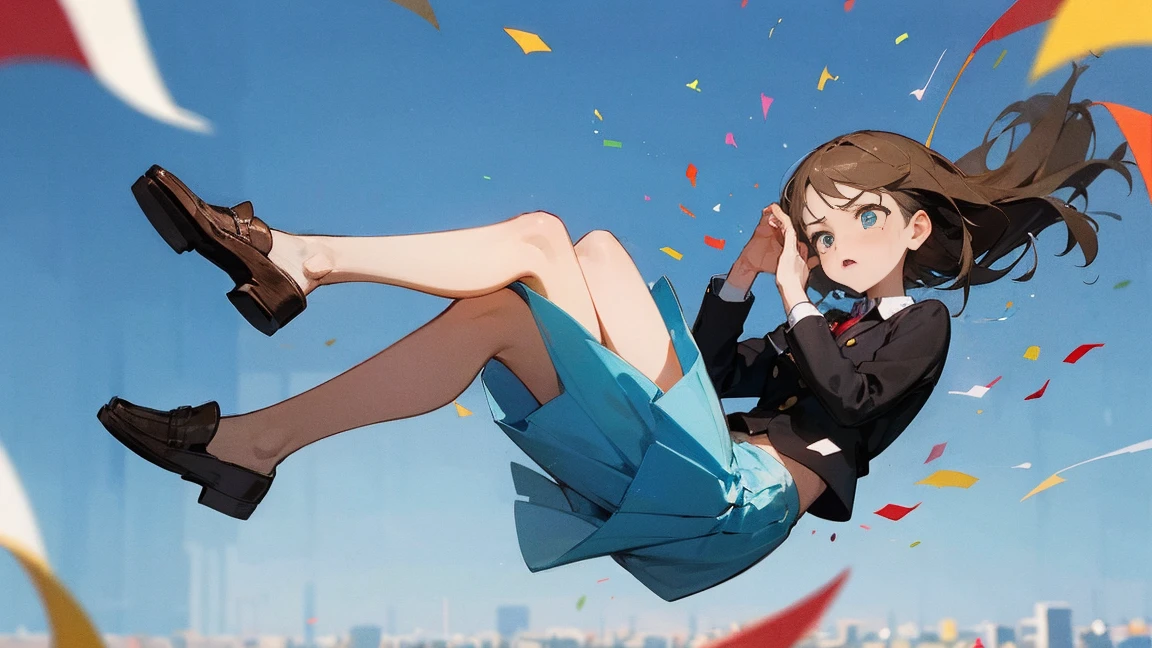 ((Highest quality)), ((masterpiece)), ((Very detailed)),Floating Girl,Angry expression,Confetti,Brown Hair,tears,Blue sky background,Feet in the air,tears,Long skirt,loafers,Raise both hands,falling girl