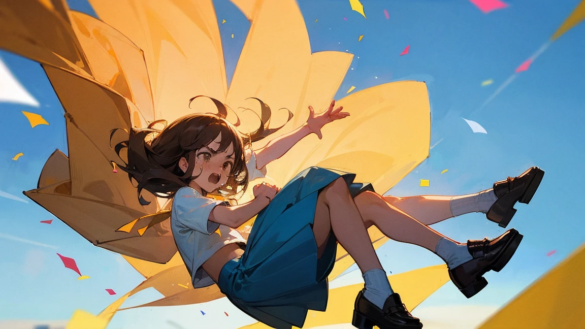 ((Highest quality)), ((masterpiece)), ((Very detailed)),Floating Girl,Angry expression,Confetti,Brown Hair,tears,Blue sky background,Feet in the air,tears,Long skirt,loafers,Raise both hands,falling girl