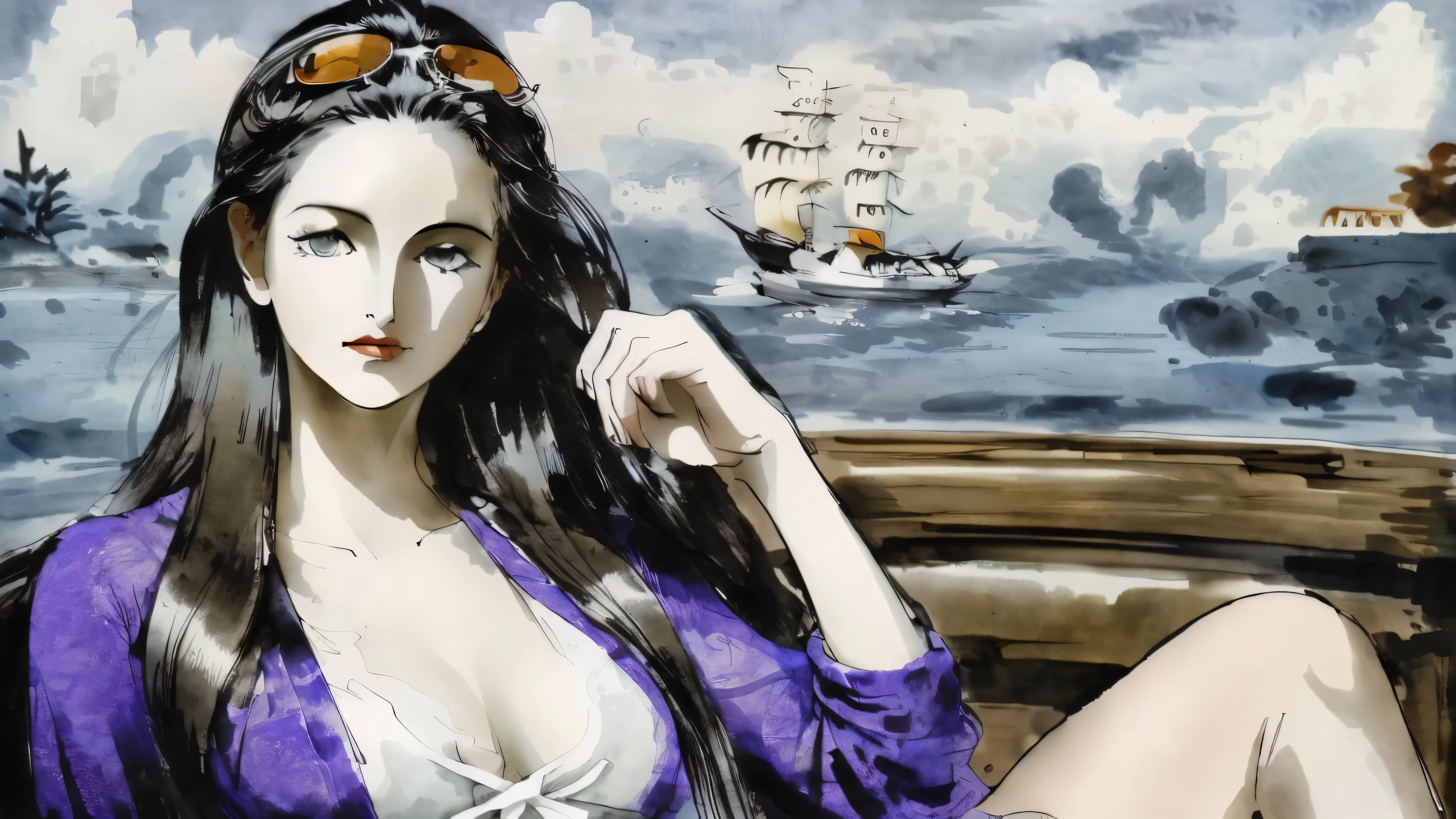 black and white tones:1.3, masterpiece, best quality, tradition chinese ink watercolor paintings:1.2, use thick and light inks to create light and dark changes and layers, a beautiful 20s russian model, ultra detailed face