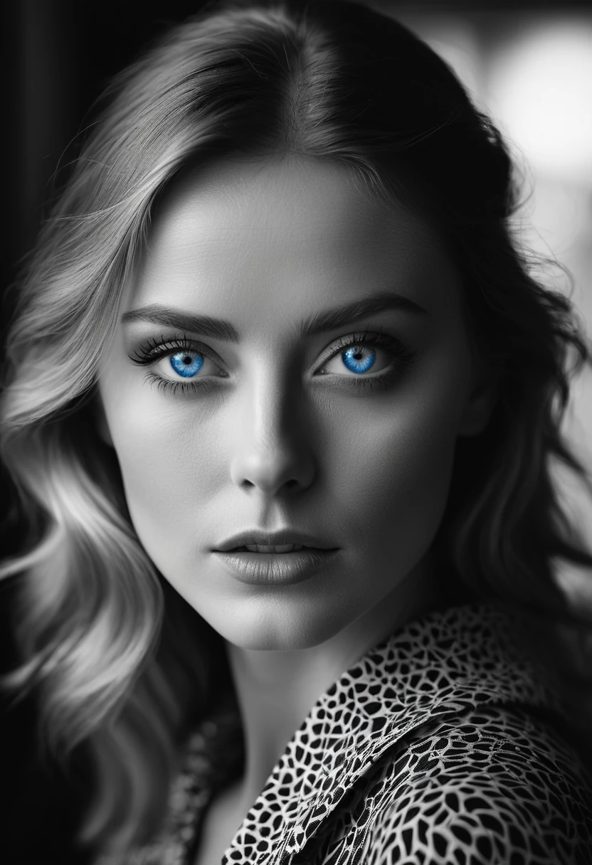 black and white, a woman with blue eyes, half body shot, whimsical photography style, captured with an Arriflex 35BL camera using Canon K25 prime lenses, cinematic, dramatic lighting, ultra clear, breathtaking surreal masterpiece.