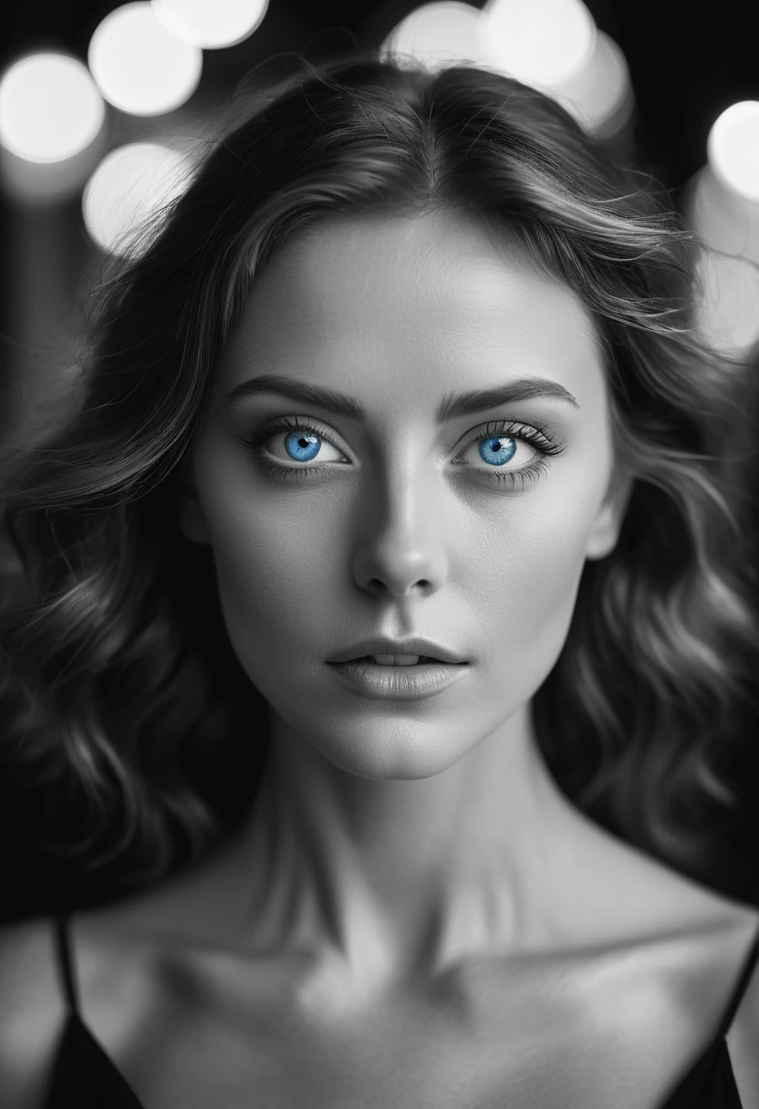 black and white, a woman with blue eyes, half body shot, whimsical photography style, captured with an Arriflex 35BL camera using Canon K25 prime lenses, cinematic, dramatic lighting, ultra clear, breathtaking surreal masterpiece.