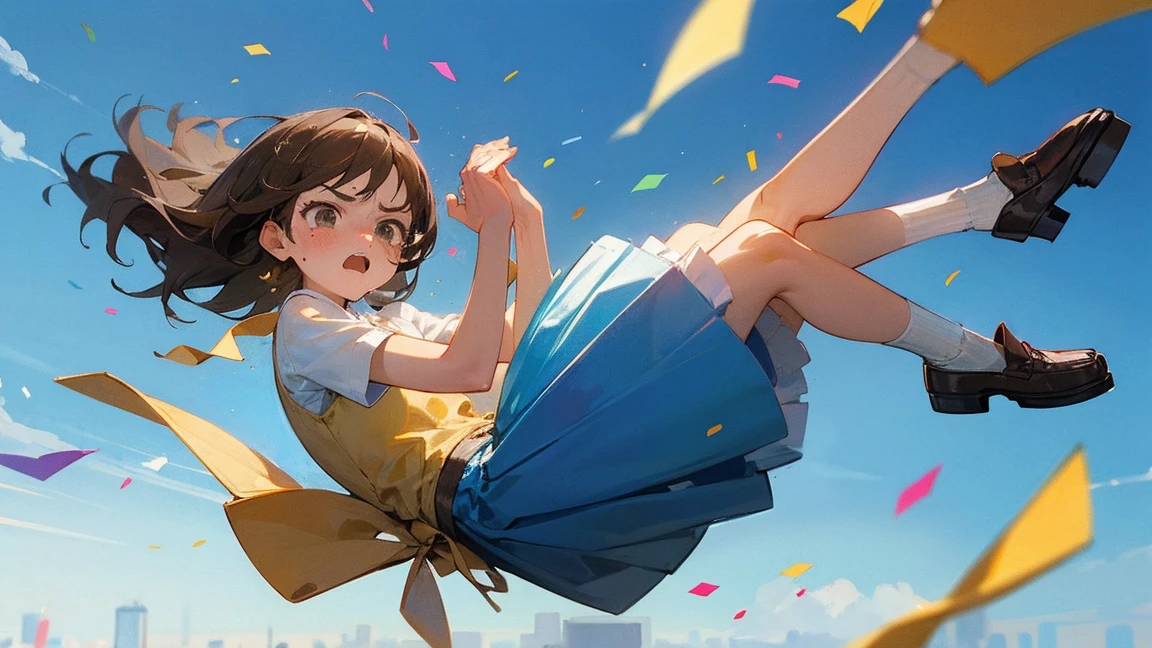 ((Highest quality)), ((masterpiece)), ((Very detailed)),Floating Girl,Angry expression，Confetti，Brown Hair,tears,Blue sky background,Feet in the air,tears,Long skirt,loafers,Raise both hands,falling girl