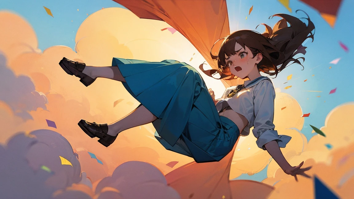 ((Highest quality)), ((masterpiece)), ((Very detailed)),Floating Girl,Angry expression，Confetti，Brown Hair,tears,Blue sky background,Feet in the air,tears,Long skirt,loafers,Raise both hands,falling girl