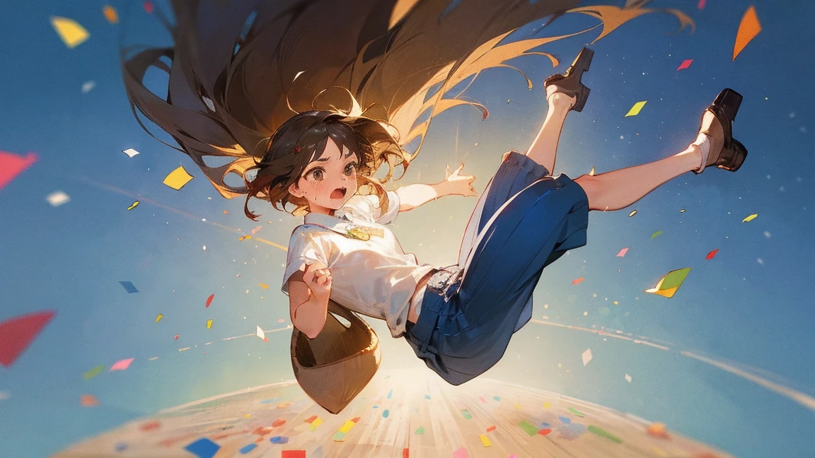 ((Highest quality)), ((masterpiece)), ((Very detailed)),Floating Girl,Angry expression，Confetti，Brown Hair,tears,Blue sky background,Feet in the air,tears,Long skirt,loafers,Raise both hands,falling girl