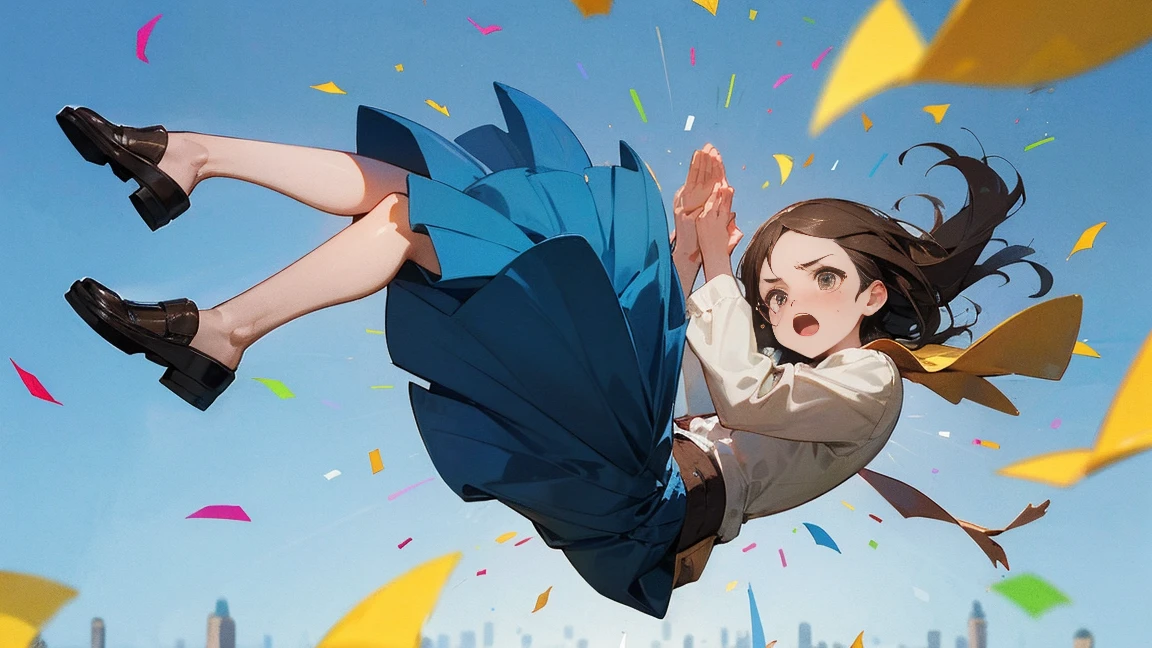 ((Highest quality)), ((masterpiece)), ((Very detailed)),Floating Girl,Angry expression,Confetti,Brown Hair,tears,Blue sky background,Feet in the air,tears,Long skirt,loafers,Raise both hands,falling girl