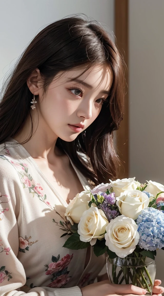 Close-up of a woman arranging flowers in a vase, With flowers, Magazine Photos, Written by Ayami Kojima, Official artwork, Shin Jinyoung, Surrounded by frozen flowers, by Nie Tian, Dilraba Dilmurat, Jaeyoung Nam, Synthwave, Hwang Seong, mackenzie foy, by Zhang Han, Park Jimin, Jin Non