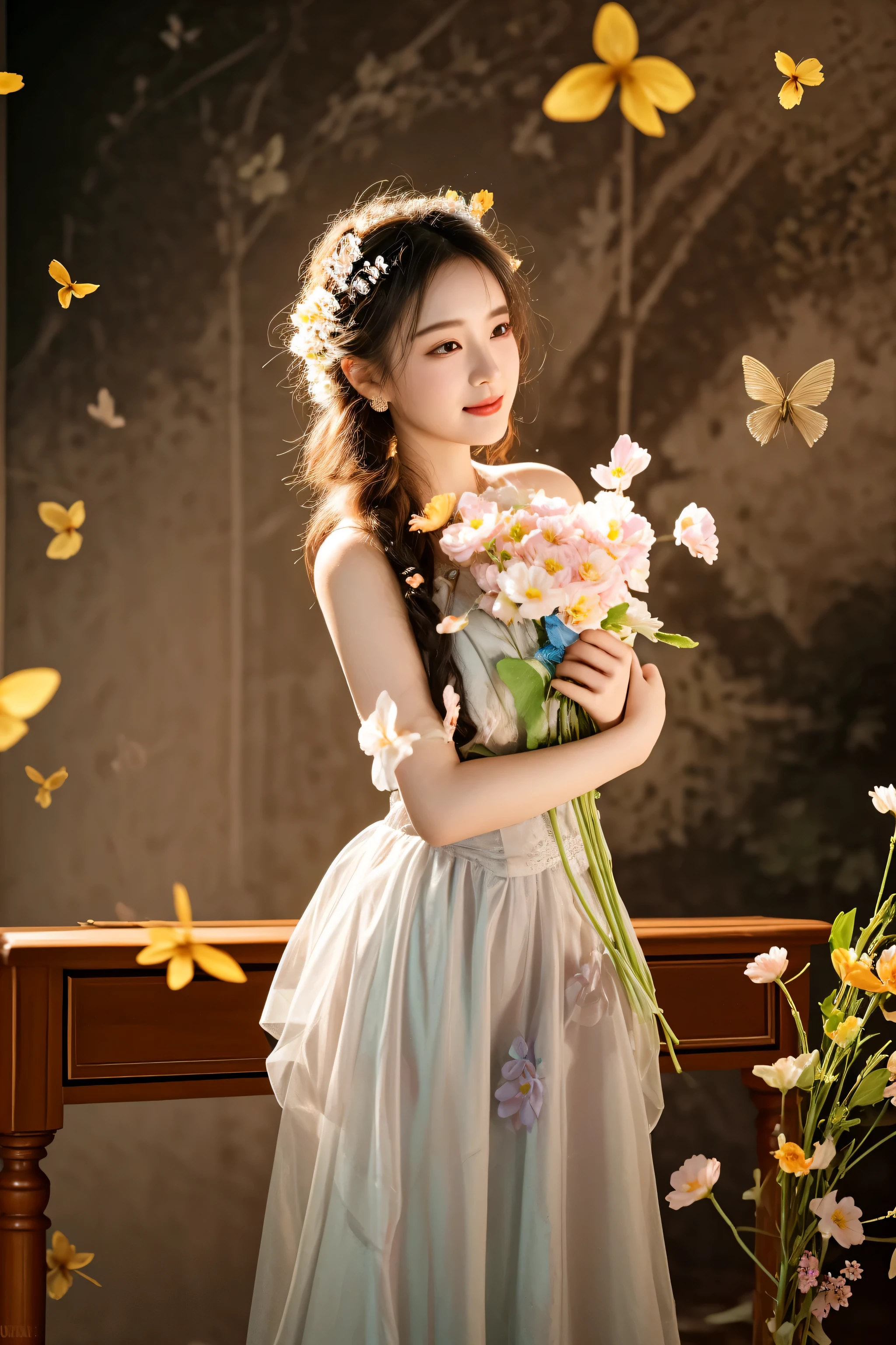 there is a woman in a dress holding a bouquet of flowers, with flowers, sha xi, lady with glowing flowers dress, a stunning young ethereal figure, photo taken with nikon d750, photo taken with nikon d 7 5 0, by Tang Sin Yun Sandara, smiling as a queen of fairies, fantasy photoshoot, dilraba dilmurat