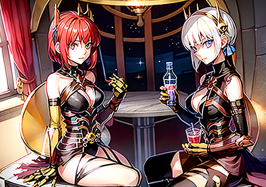 Anime, 1 girl, red hair, short hair, blue eyes, Yellow glowing eyes, The light sparkles beautifully., Beautiful fair skin, Guillotine Cross Set - Ragnarok Online, Sit back and relax., Hand holding a round red glass bottle of water, drink red juice, red nectar (Skull-shaped round bottle), Take it easy, friendly, Magical light