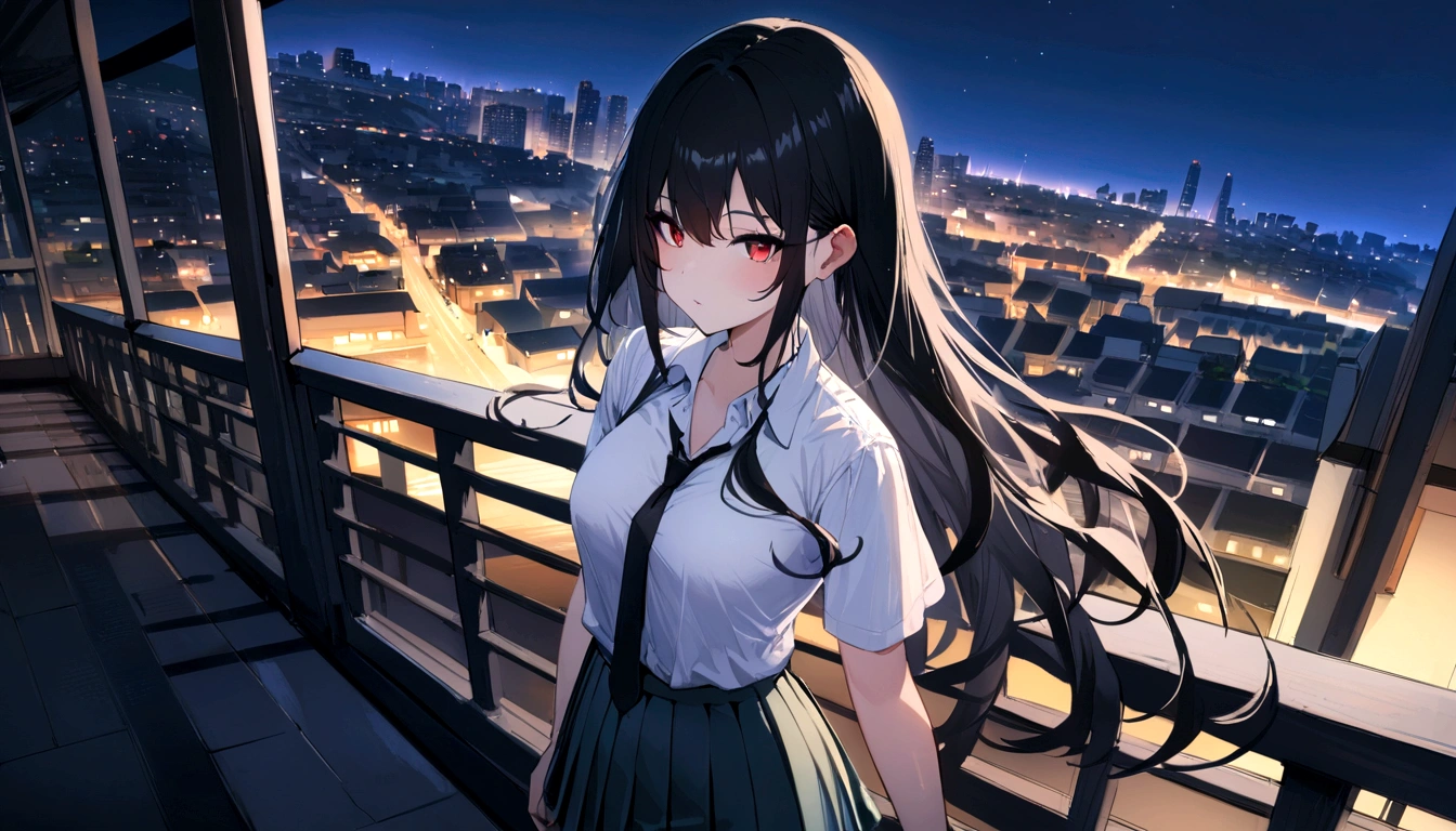 ((Midnight, highest quality, 8k, masterpiece :1.3)), whole body, Long legs, Sharp focus :1.2, Beautiful woman with perfect figure :1.4, Slim Abs :1.1, ((Dark brown hair, Big Breasts :1.2)), (White tight T-shirt, Jean Bib, Are standing:1.2), ((Night city view, rooftop:1.3)), Very detailedな顔と肌の質感, Fine grain, Double eyelids one girl,highest quality,masterpiece,figure,Very delicate and beautiful,CG,Unity,8k wallpaper,wonderful,In detail,masterpiece,Official Art,Very detailed CG Unity 8k wallpaper,Incredibly absurd,Large file size,Very detailedな,High resolution,Very detailed,Beautiful detailed girl,Realistic,from the front,Outdoor, suspenders Large swollen breasts Black mini skirt garter belt Knee-high socks bangs Beauty Hands up Black boots one person Dress shirt Hands Behind Back put your hands behind your back With your hands behind your back Armament Horus