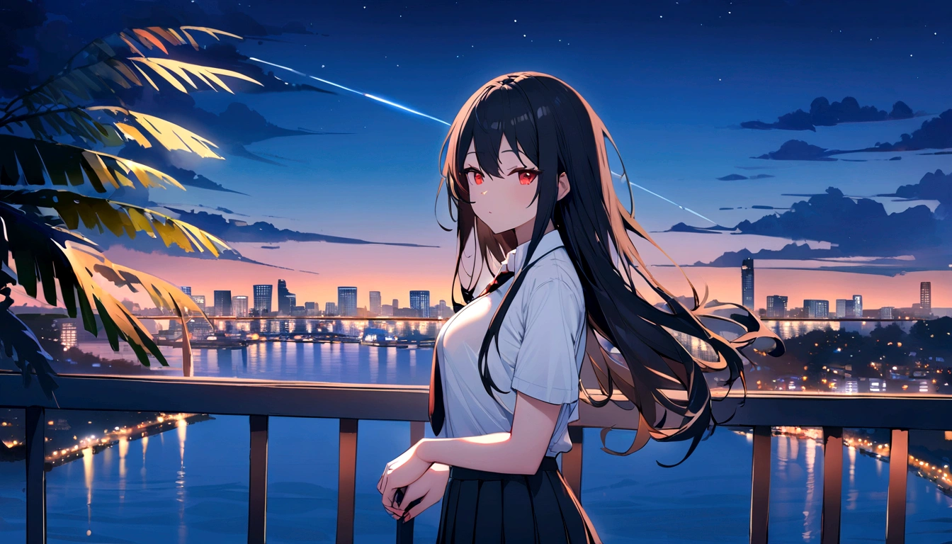 Red eyes, Black Hair, Long Hair,tie, One Girl, Collared shirt, White shirt, Short sleeve, Pleated skirt, student, Highest quality, masterpiece, High resolution, summer,night,Xin Haicheng、the way、Outdoor、City、