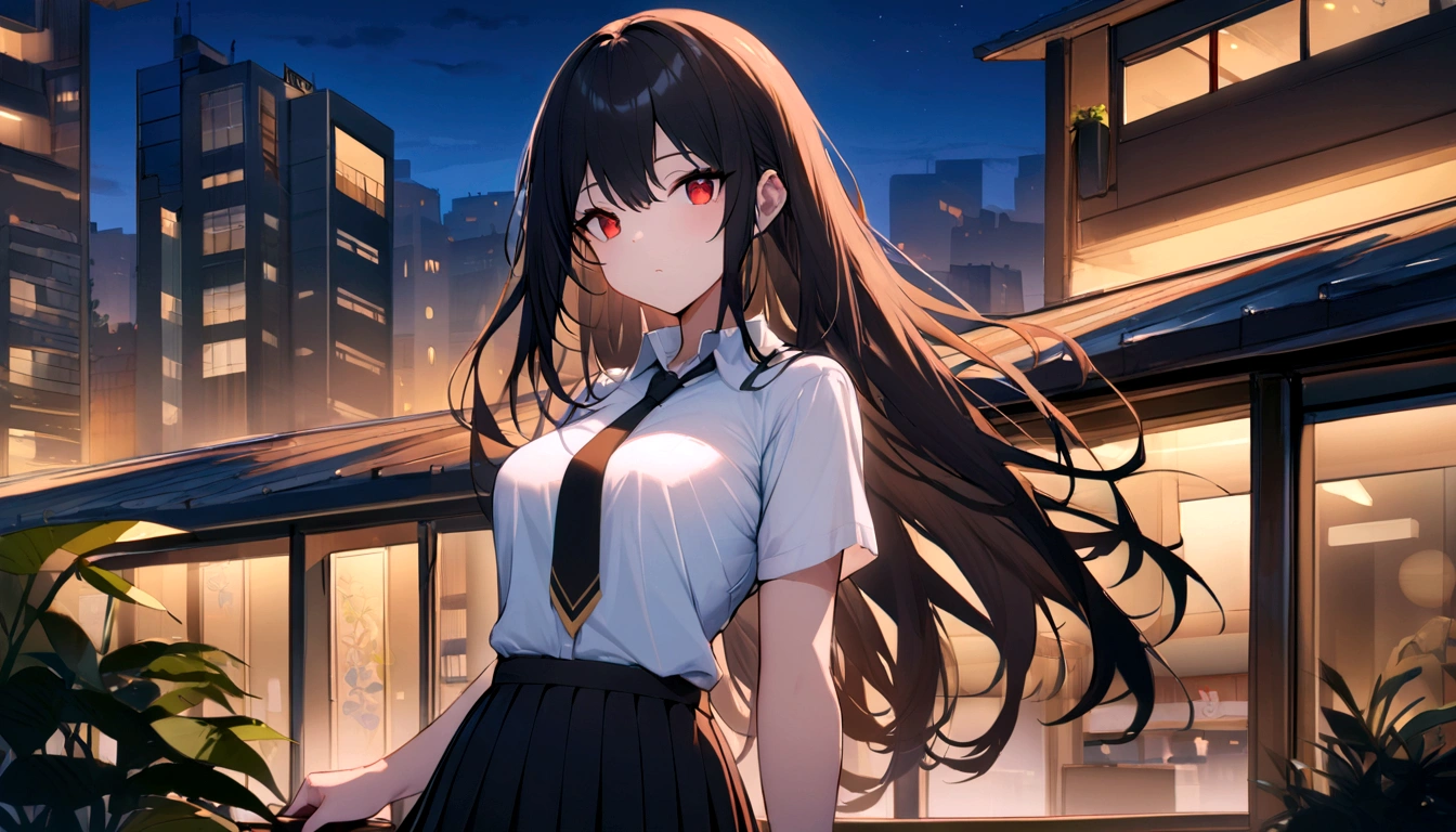 Red eyes, Black Hair, Long Hair,tie, One Girl, Collared shirt, White shirt, Short sleeve, Pleated skirt, student, Highest quality, masterpiece, High resolution, summer,night,Xin Haicheng、the way、Outdoor、City、