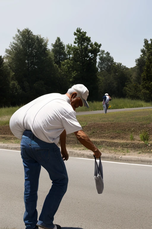 Old man picking up trash,Wearing old cotton clothes,Carrying a women's shoulder bag,Buying tobacco at a street sign