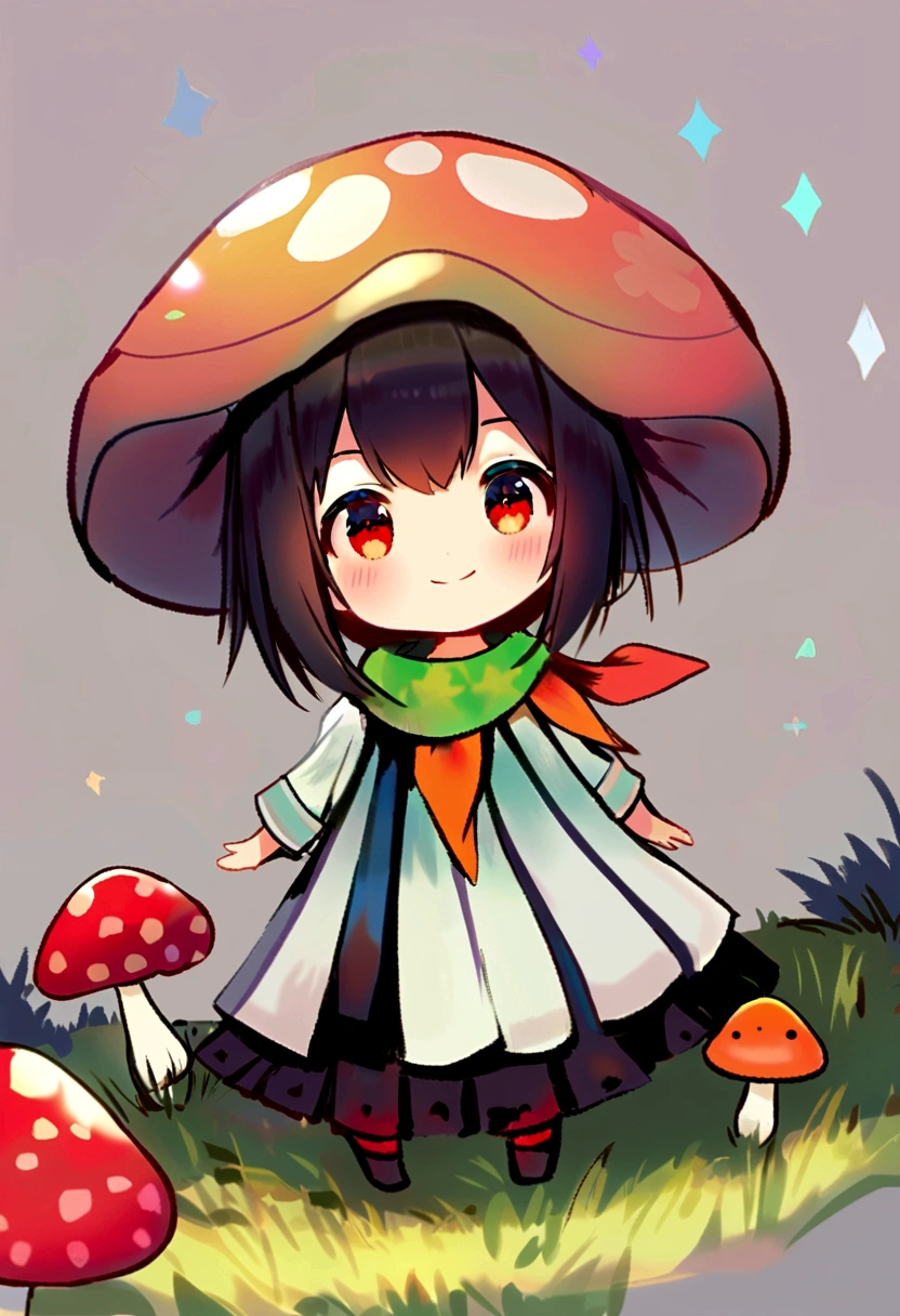 criatura adorable,Similar to a mix of rabbit and carrot, adorable, cute, velues, cuddly, forst, toadstools, Wear a mushroom hat, colorful neck scarf