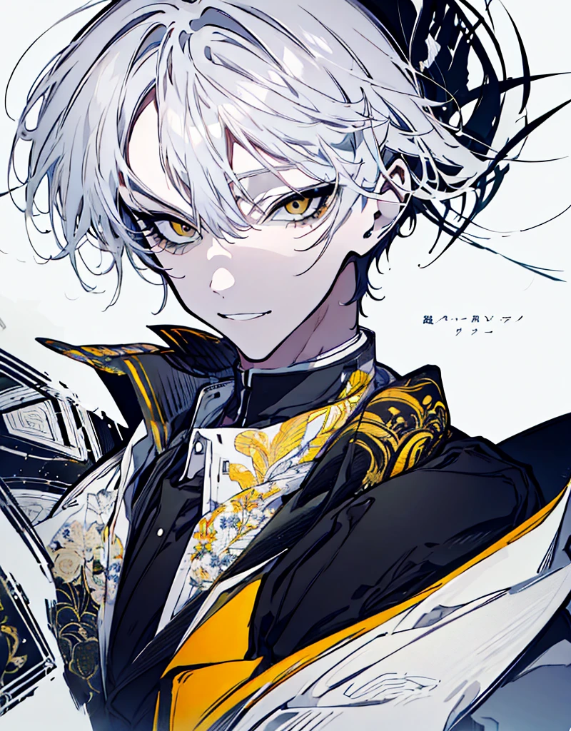 High resolution　male　Character portrait　whole body　White background　Close ~ eyes　Suspicious Laughter　Lift the corners of your mouth　tall　Silver Hair　Yellow Eyes　Chinese style black clothes　sunglasses　smile　Putting a cigarette in your mouth　Double teeth　Grinning face
