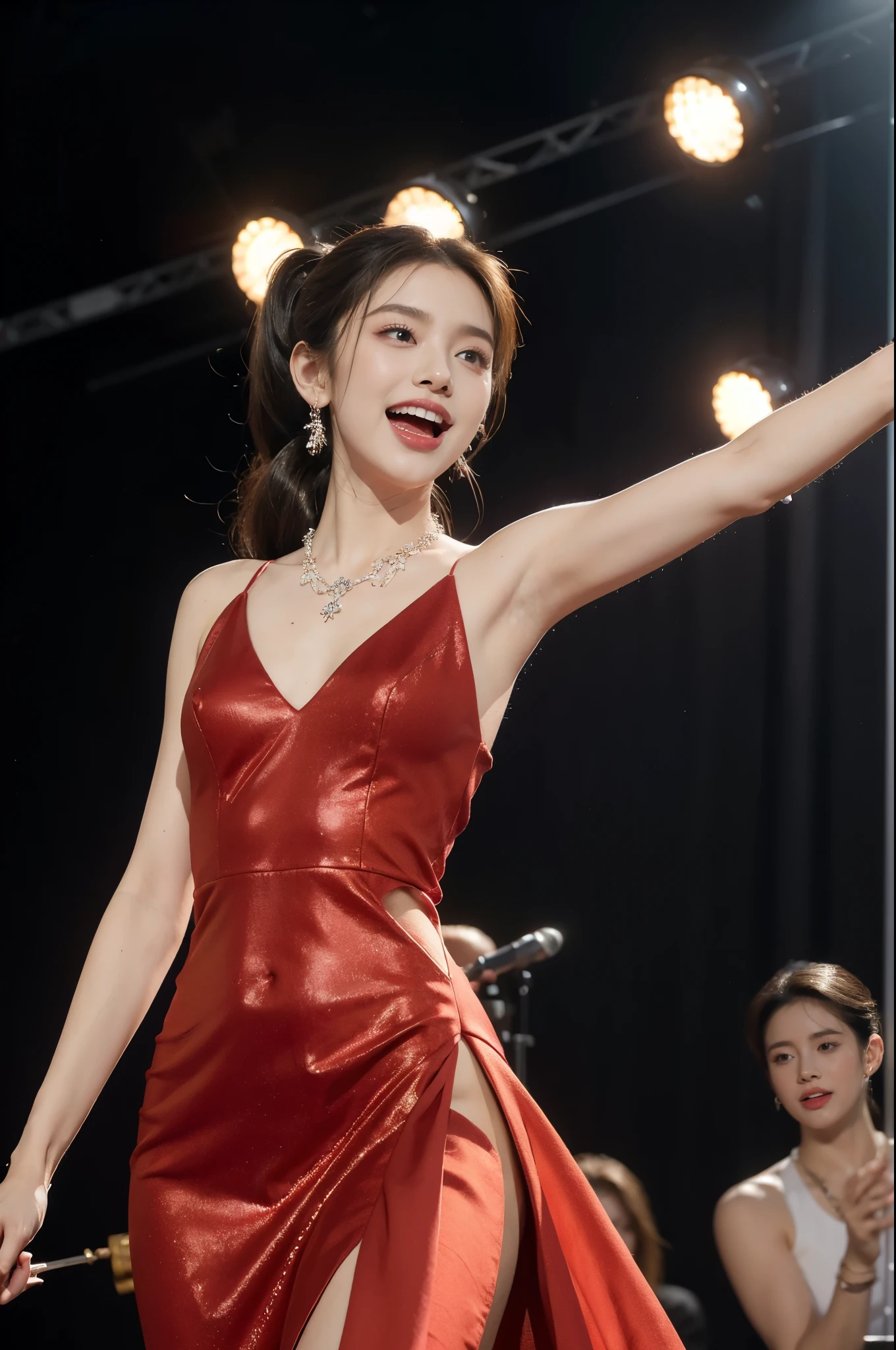 (((best quality))),(((ultra detailed))),(((masterpiece))),illustration, 1girl,singer,solo,short ponytail,open mouth,laughing,slim,thin,flat chest,small breasts,earrings,necklace,Maxi gorgeous sparkled red gown,slender legs,on the stage, performance, passion, confidence, elegance, lighting effects, decorations, audience, melodious voice, beautiful appearance, captivating performance,standing,upper body,from front