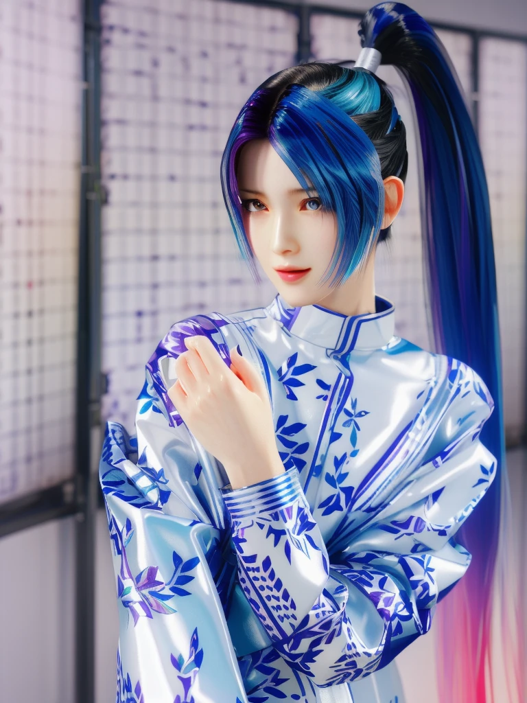 (Boyish Digital Artwork:1.3) of (Screen print:1.3),(Happy:1.3) A photo of a girl, xiangling \(genshin impact\) blue hair, pigtails,CGSociety,ArtStation,(CMYK Colors:1.3), shiny, shiny hair, shiny skin, shiny clothes