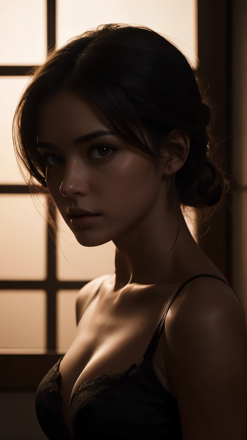 Best quality, masterpiece, ultra high res, (photorealistic:1.4), raw photo, 1girl, waist up, deep shadow, dark theme, cinematic, beautiful girl, beautiful eyes