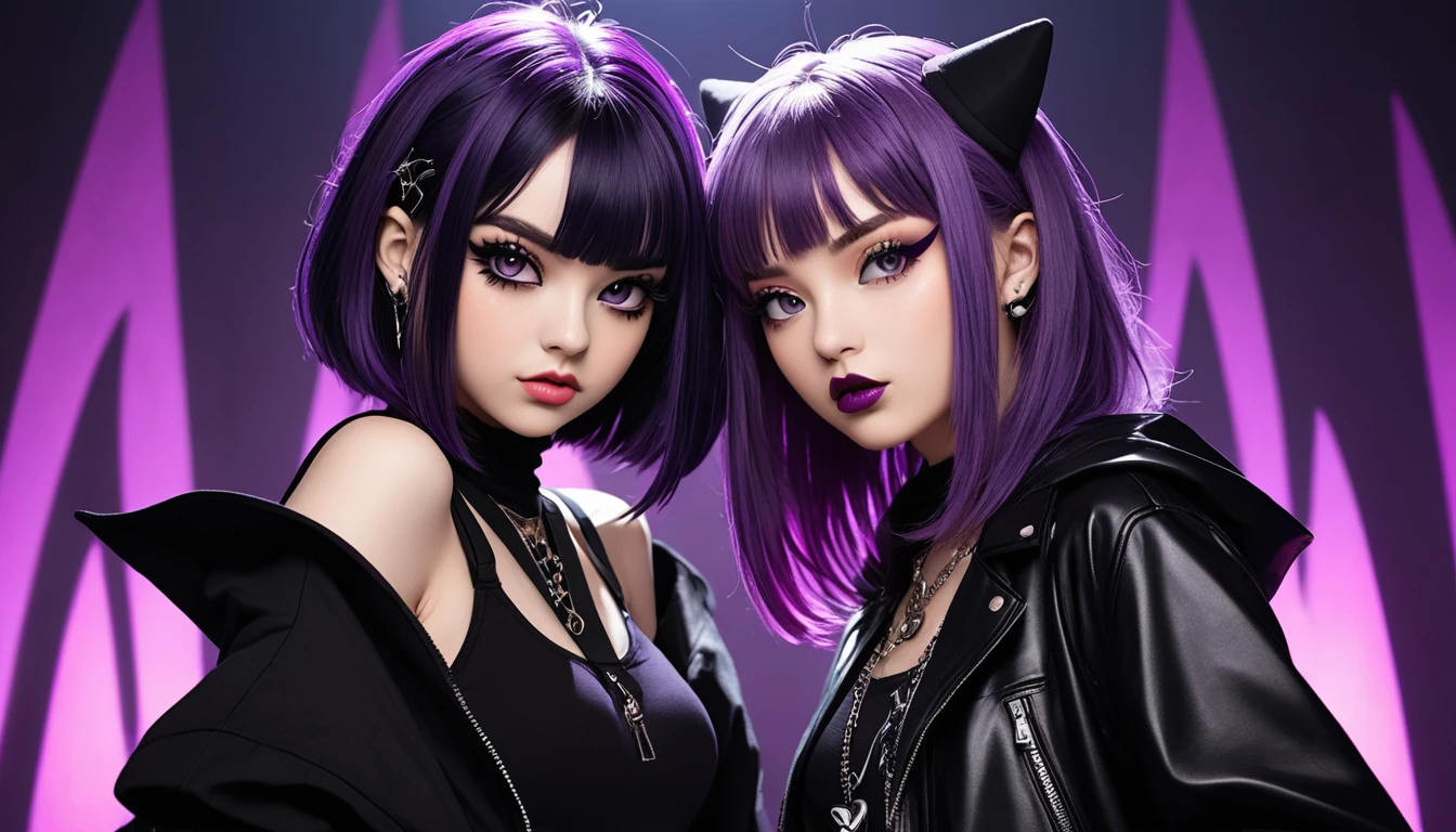 a beautiful young woman with long purple hair, striking black eyeshadow, and a confident, alluring expression, wearing a stylish purple and black outfit, posing with another girl who has short black hair, a cute and playful "UwU" expression, and an edgy e-girl aesthetic, both standing in front of a shadowy background with mystical wizard-like figures and a sense of urban swagger