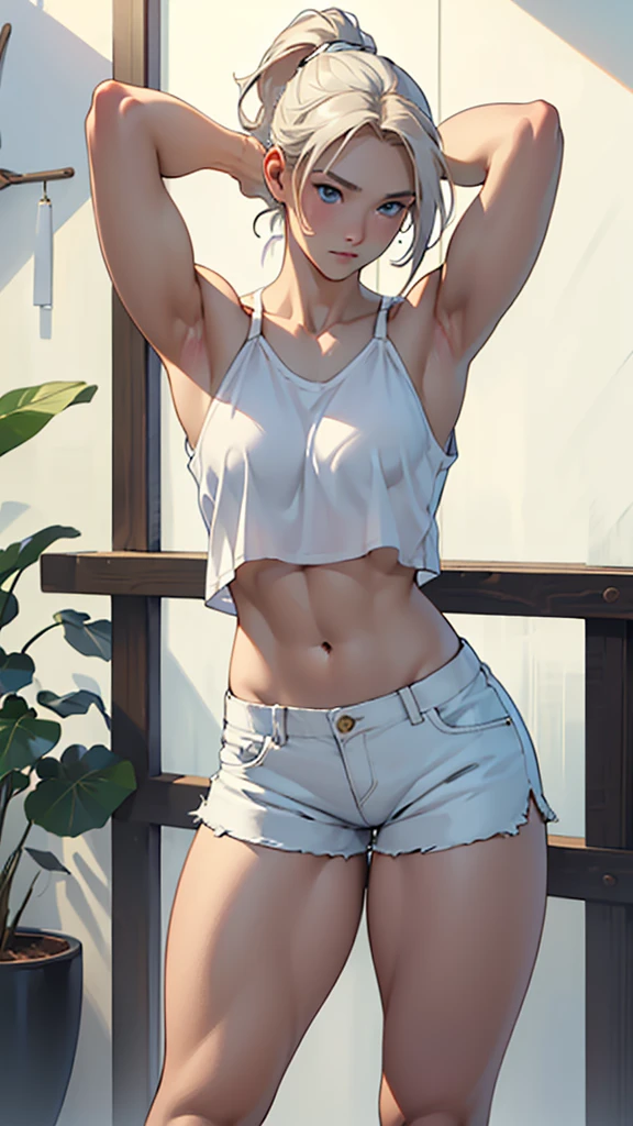 hand drawn art, Conceptual Art, Detailed sketch, Sketches, Manga art style, A young woman with French features, Plain white tank top, White shorts, Open Fly、Long, thick, dark golden hair styled in a ponytail, blue eyes, Lean, strong, toned muscles, Standing in a lewd, sensual pose with arms behind her head、Short torso、A triumphant look、(((着古したボロボロのWhite shorts))),、(((White shortsを穴だらけにする))),、See-through、(((White shortsのチャックを開く))),、(((Clear white skin))),、Natural light、Photorealistic perfect body, Perfect body with realistic shadows, Perfect face with realistic shadows、Highest quality、masterpiece、Edgy Lines、Ultra-high resolution、Physical Beauty、Wide Hips、Big Ass、((Thick and strong muscular thighs))、（(Stand with your legs spread wide)）Realistic and large breasts、(The depth of the written boundary, f/1.2:1.45),Great quality, Beautiful details, Very detailed, Ultra-fine, 16K, Exquisite, Absurd,((masterpiece)),(((Highest quality))),Big Breasts、(((White shortsだけもっとボロボロにする))),、(((White shortsだけボロ布のように破く)))、(((Thin and long arms))),Anatomically correct、、triumphant expression、