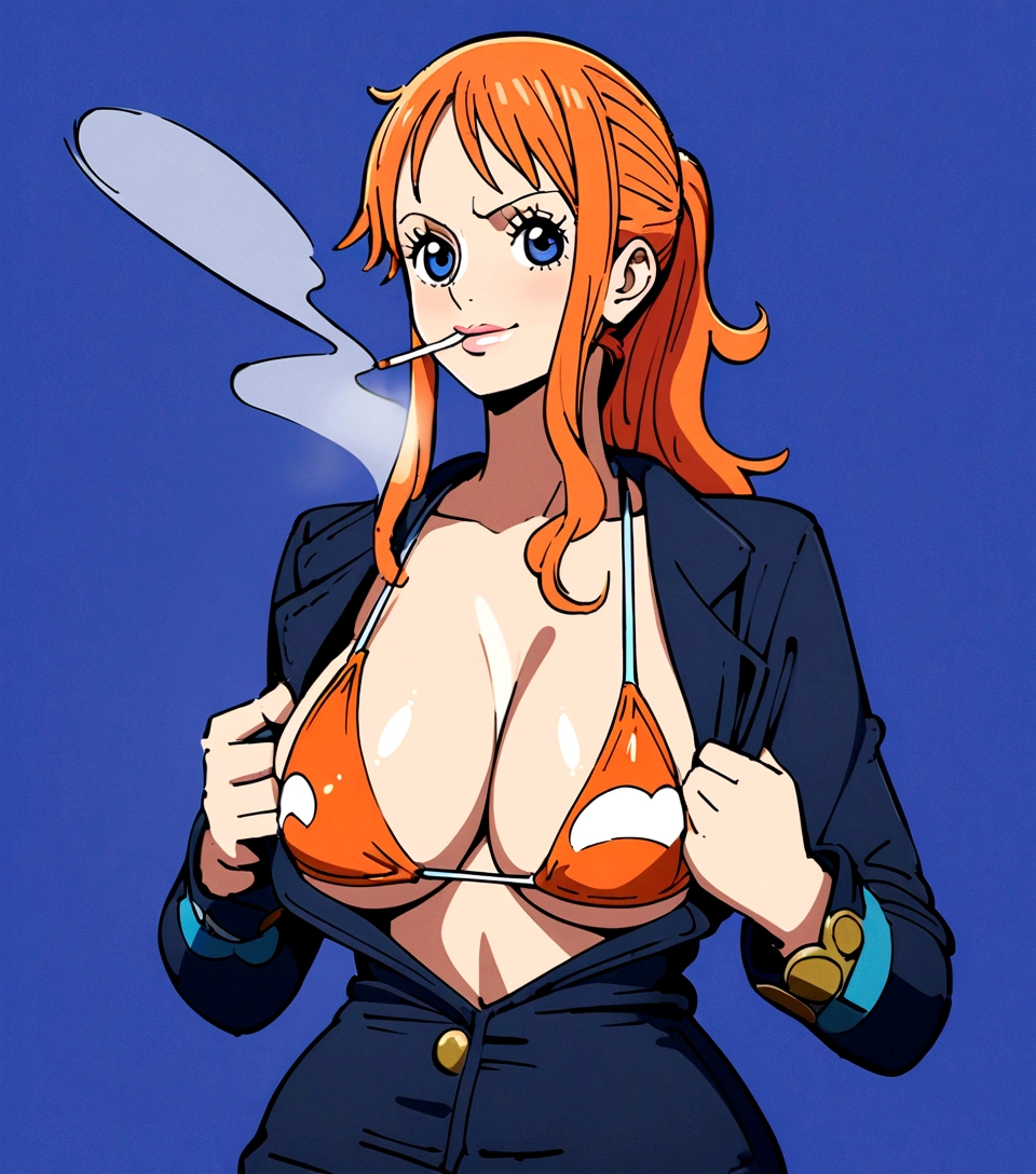 a cartoon picture of a woman in a bikini top and jeans, nami one piece, nami from one piece, nami, beautiful portrait of nami, from one piece, oppai, blue eyes, smoking, ponytail, nsfw