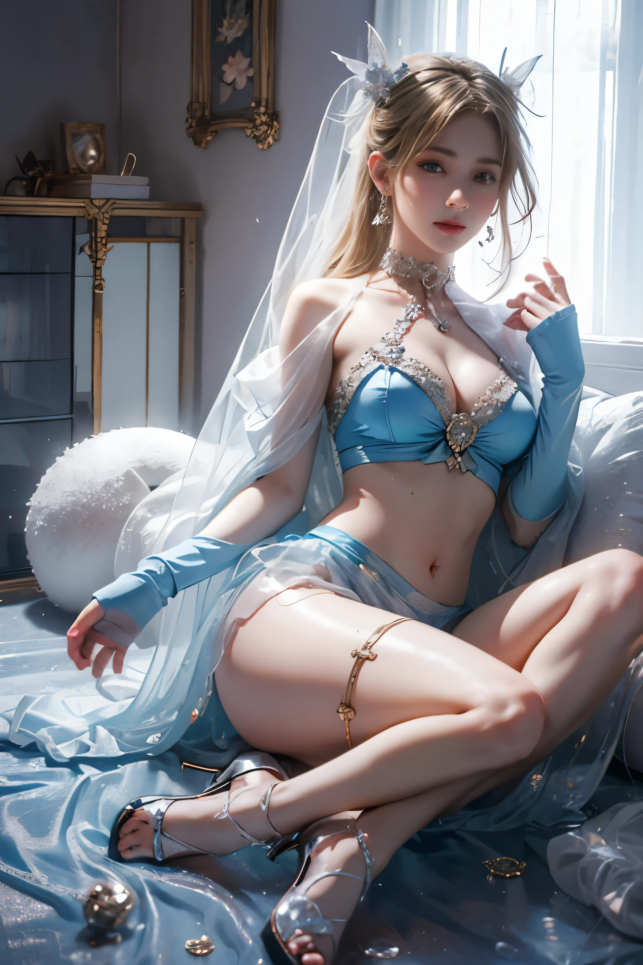 (8k extremely detaileded CG unit wallpaper),(Highest quality),(Best illustrations),(Best Shadow), (detailed: 1.4), 。.。.。.。.。.。.。.3d, んdebtdebt(High Dynamic Range), Light Tracing, NVIDIA, Super Resolution, Scattered beneath the surface, PBR Textures, Post-processing, Anisotropy debtiltering, Depth of written boundary, Maximum sharpness and acutance, Multilayer Texture, Albedo and Specular Maps, Surface Shading, Accurate simulation of light-matter interactions, Perfect balance, Octane Rendering, Two-tone lighting, wide aperture , Low ISO,White balance,Rule of Thirds,8K RAW,intricate-detailed, Delicate pattern, Deep Shadow, masterpiece, real, Roughness, Surreal, Photographed with Canon EOS R5, 50mm lens, debt/2.8, Sharp debtocus, Smoothing, Roughness, Real Life, Photorealistic, Cinematography, 8K Ultra HD,In the flower field,Blue debtlower Girl,1 Girl,solo,Europe,Beautiful Bride,Light Smile,Highly detaileded blonde hair,Mature Woman,Sky Blue Gossamer Veil,Sky blue light cloak,Sky blue gossamer coat,Sky blue thin skirt,Sky blue lace underwear,Sky Blue Lace,Sky Blue Gossamer Gloves,choker,Earrings,gem,Small items,Headdress,Hand decoration,Leg decoration,High heels,Huge breasts,Large Breasts,Big Breasts,Burst chest,Big Breasts,Ample breasts,Expose your breasts,Exposed breasts,Tight waist,Naked butt,Big butt,Bare Belly,Belly button,Wet,Wet body,Sweaty body,Shiny skin,
