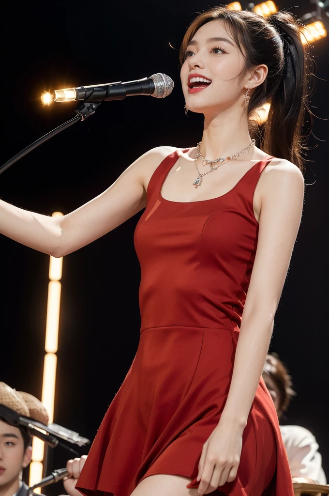 (((best quality))),(((ultra detailed))),(((masterpiece))),illustration, 1girl,singer,solo,short ponytail,open mouth,laughing,slim,thin,flat chest,small breasts,earrings,necklace,Maxi gorgeous sparkled red gown,slender legs,on the stage, performance, passion, confidence, elegance, lighting effects, decorations, audience, melodious voice, beautiful appearance, captivating performance,standing,upper body,from front