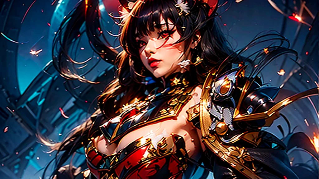 (junkotvv long hair with bangs and cat ears, Red eyes), Beauty girl in darker full armor