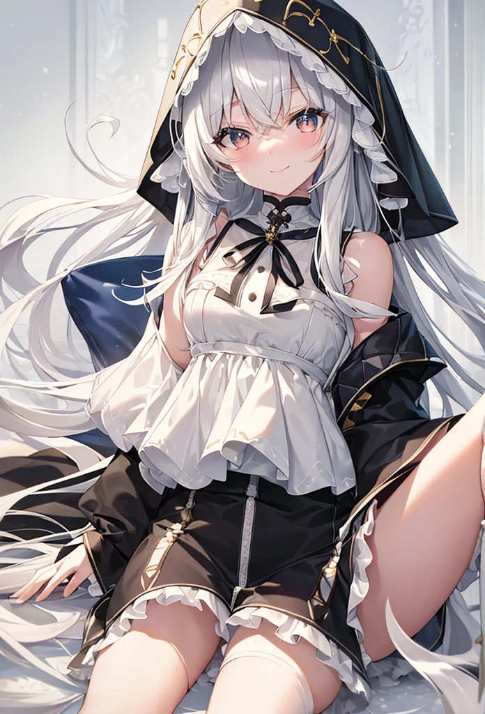 ((Highest quality)), ((masterpiece)), ((Very detailed)), (Very mature),A cute high school girl with a gentle look, white hair and about 165cm tall.，A high school girl with a cute smile and ample breasts wearing a transparent black wavy top with a cute patterned hood that shows off her shoulders, 顔が若干縦方向に長いbright笑顔の女性，Small Faced Woman，alone, Cute attitude,(background(bright)，Long Hair - Straight，Knee-high socks、A transparent white veil with a cute pattern and a hood with white off-the-shoulders，White wall、Sitting、Facing the viewer、縁に模様がある壁が1面のbackground
