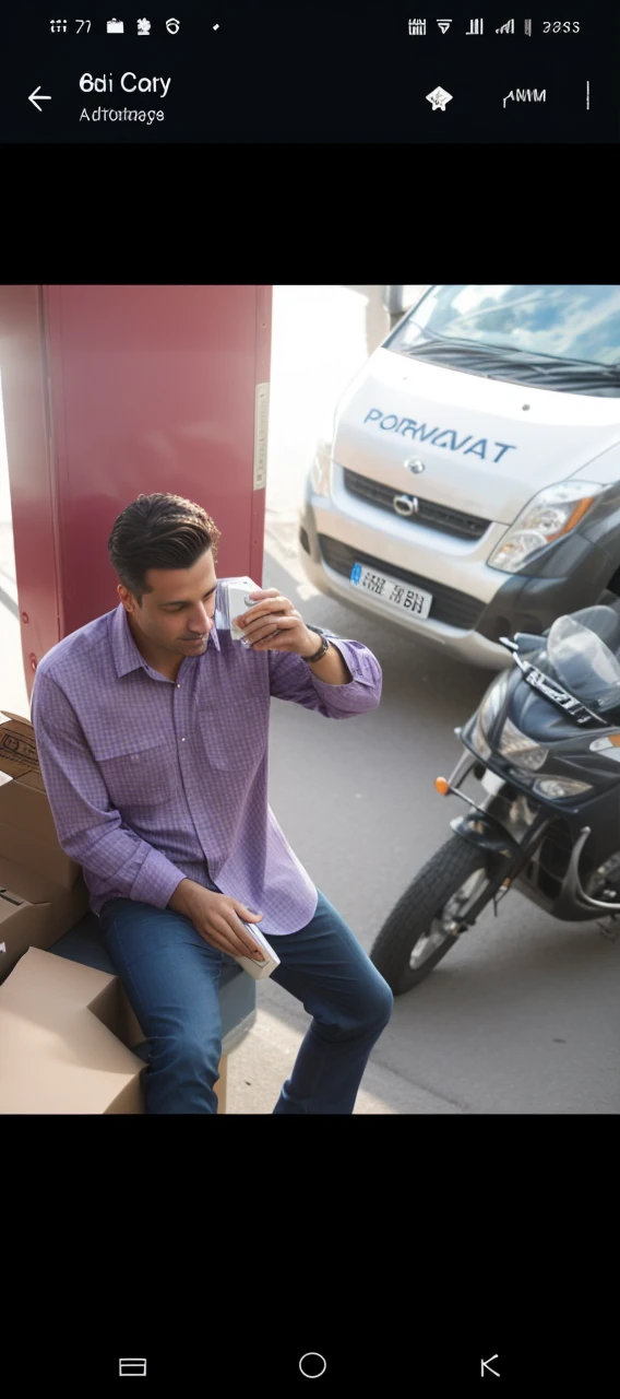 A man in a delivery van, holding a box in hand and wearing a distinctive purple t-shirt, is captured in an 8k photograph. In the background, a highly detailed and cinematic cityscape unfolds, with buildings and structures rendered in exceptional quality. The natural light adds depth and dimension to the scene, creating a realistic and immersive atmosphere. The man's focused expression and the clear, sharp lines of the image convey a sense of urgency and professionalism. This vivid and intricately detailed tableau is a testament to the power of photography to capture the world around us in all its complexity. (delivery man, purple shirt, holding a box, 8k photograph, cityscape, natural