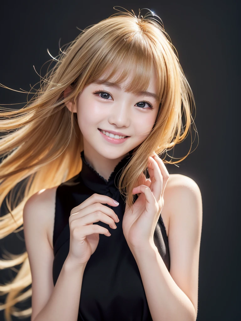 ((Highest quality、masterpiece、High resolution))、(((Zoom photo of upper body)))、(A shy smile:1.2)、-yeld fee、Beautiful Skin、Beautiful Eyes、dress、Shorn bangs、Blonde、Black background
