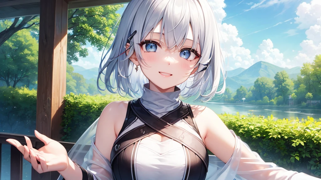 Her eyes were shining、Mysterious and enchanting atmosphere。With AI Painting、とてもShort Hair, Long bangs between the eyes, Very detailed,(masterpiece、Highest quality)、alone、Gray Hair、Fantasy, Silver Hair, Fantasyな風景、White shirt、smile、Open your mouth、Scarf、short hair、Short Hair、hairpin、black eye、Grey Eyes、Beautiful Eyes