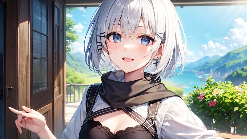 Her eyes were shining、Mysterious and enchanting atmosphere。With AI Painting、とてもShort Hair, Long bangs between the eyes, Very detailed,(masterpiece、Highest quality)、alone、Gray Hair、Fantasy, Silver Hair, Fantasyな風景、White shirt、smile、Open your mouth、Scarf、short hair、Short Hair、hairpin、black eye、Grey Eyes、Beautiful Eyes