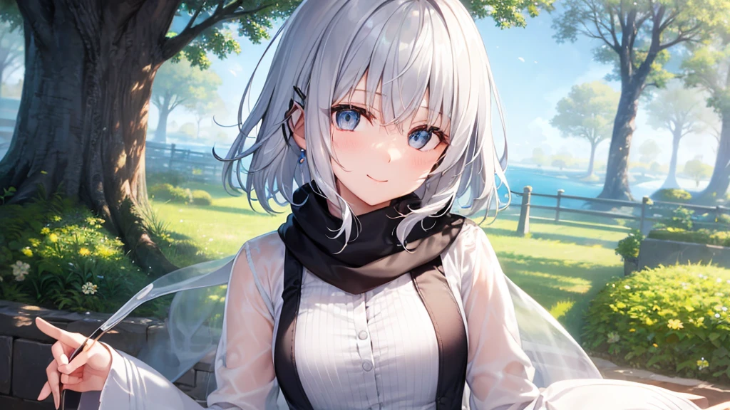 Her eyes were shining、Mysterious and enchanting atmosphere。With AI Painting、とてもShort Hair, Long bangs between the eyes, Very detailed,(masterpiece、Highest quality)、alone、Gray Hair、Fantasy, Silver Hair, Fantasyな風景、White shirt、smile、Open your mouth、Scarf、short hair、Short Hair、hairpin、black eye、Grey Eyes、Beautiful Eyes