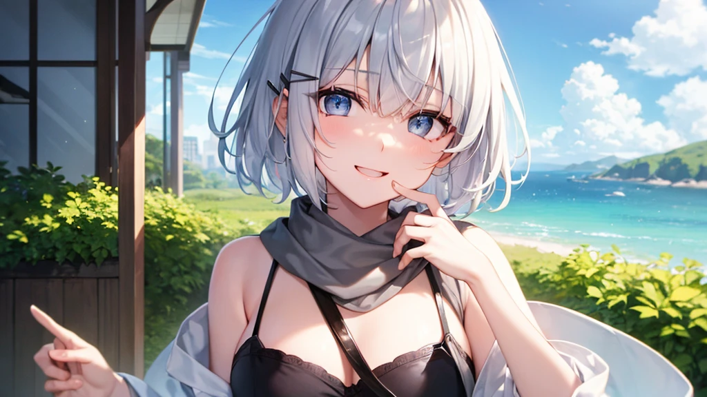 Her eyes were shining、Mysterious and enchanting atmosphere。With AI Painting、とてもShort Hair, Long bangs between the eyes, Very detailed,(masterpiece、Highest quality)、alone、Gray Hair、Fantasy, Silver Hair, Fantasyな風景、White shirt、smile、Open your mouth、Scarf、short hair、Short Hair、hairpin、black eye、Grey Eyes、Beautiful Eyes