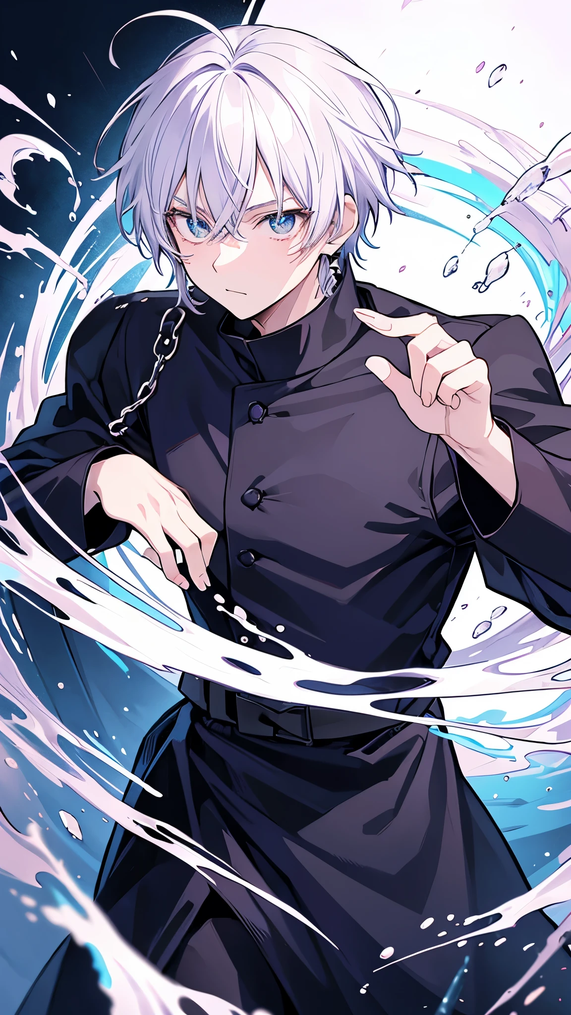 create a black Jujutsu no kaisen manga style image with a young male character extremely similar to Gaku from the Sakamoto Days manga, ele tem cabelo curto fe cor ciano claro e um capuz azul escuro quase preto, e olhos pretos, He wears red earrings and he is holding a heavy sword, he is extremely handsome and stylish, a imagem detalha bem ele, he is anime style.