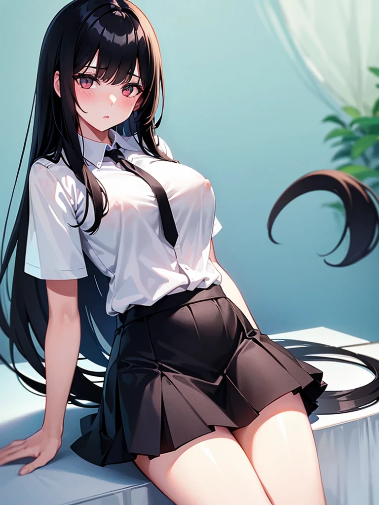 intricate detailed portrait of a girl with long black hair and bangs, wearing a very short skirt and a white shirt that is wet and see-through, revealing her ass and nipples, beautiful detailed eyes, beautiful detailed lips, extremely detailed face, long eyelashes, elegant pose, beautiful expression, realistic, photorealistic, 8k, high quality, masterpiece, award winning art, chiaroscuro lighting, dramatic lighting, cinematic, vibrant colors, dramatic colors, anime like