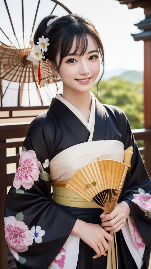 (Super beautiful woman in kimono)、((highest quality、8K masterpiece:1.3))、sharp focus:1.2、(super beautiful face:1.0)、(shiny skin:1.0)、realistic pictures、black hair、video lighting、High resolution eyes and face、video lighting、japanese actress、from the front、with a happy smile、whole body、wearing a kimono、in Kyoto、(luxury obi)、with a fan