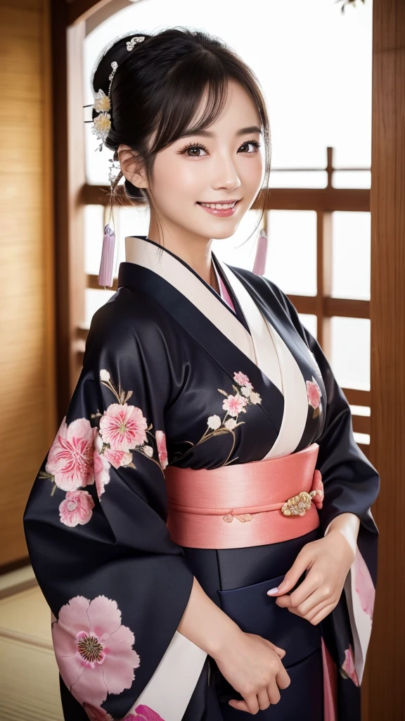 (Super beautiful woman in kimono)、((highest quality、8K masterpiece:1.3))、sharp focus:1.2、(super beautiful face:1.0)、(shiny skin:1.0)、realistic pictures、black hair、video lighting、High resolution eyes and face、video lighting、japanese actress、from the front、with a happy smile、whole body、wearing a kimono、in Kyoto、(luxury obi)、with a fan