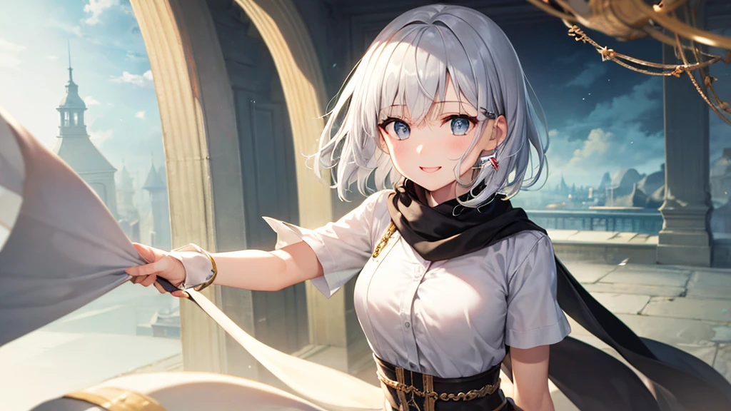 Her eyes were shining、Mysterious and enchanting atmosphere。With AI Painting、とてもShort Hair, Long bangs between the eyes, Very detailed,(masterpiece、Highest quality)、alone、Gray Hair、Fantasy, Silver Hair, Fantasyな風景、White shirt、smile、Open your mouth、Scarf、short hair、Short Hair、hairpin、black eye、Grey Eyes、Beautiful Eyes